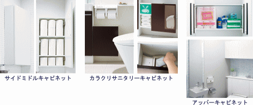 サイドミドルキャビネット、カラクリサニタリーキャビネット、アッパーキャビネット
